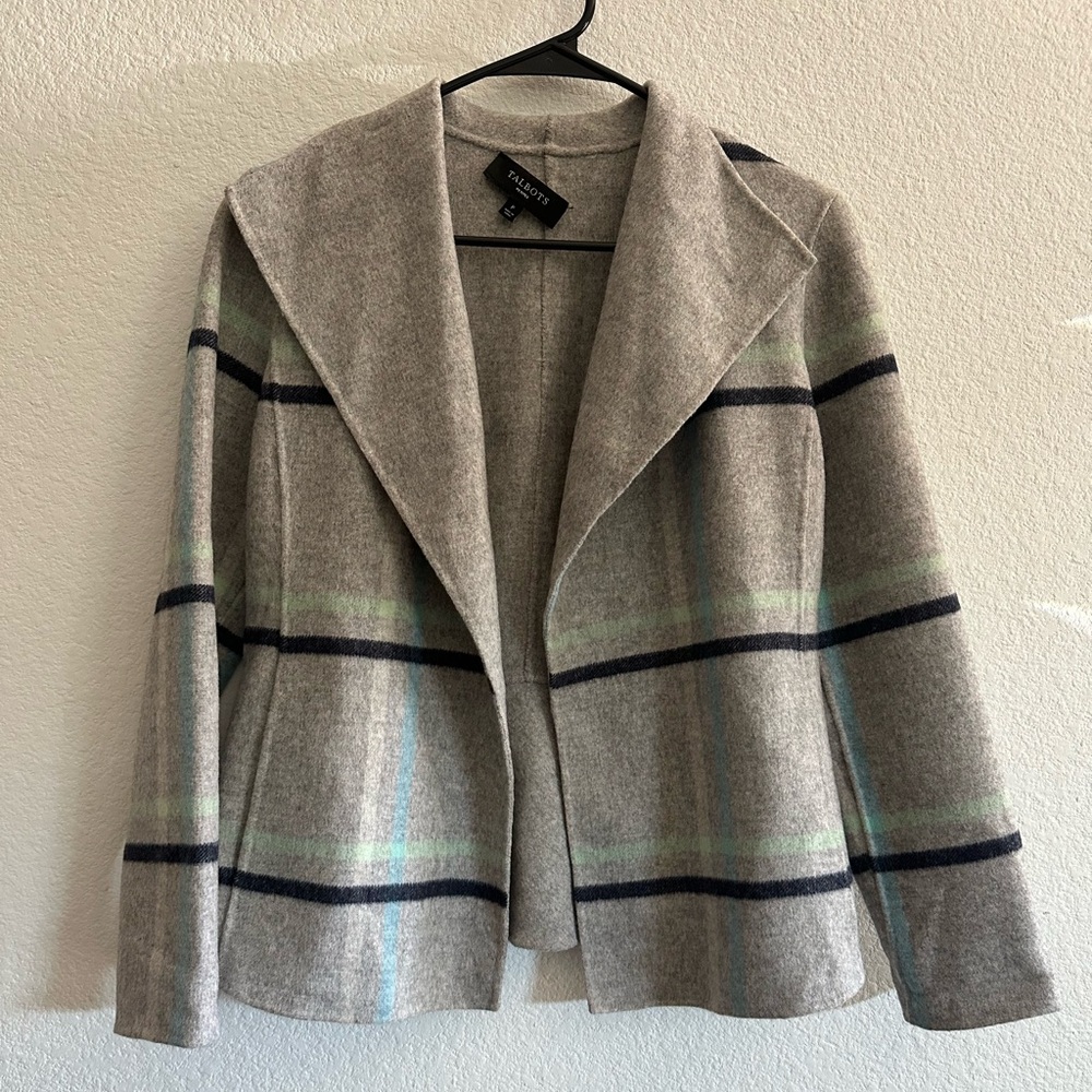 Talbots Wool Tartan Plaid Coat Jacket -Open Front, Pockets, Grey - P